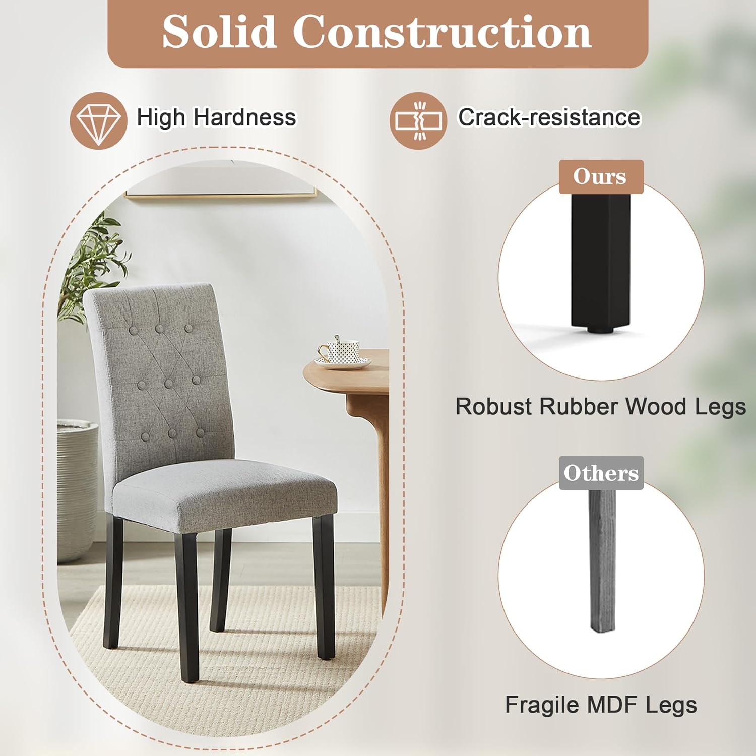 VECELO Upholstered Dining Chairs Set of 2 Button Tufted Back, Padded Seat, Wood Legs with Rubber Footpads - VECELO