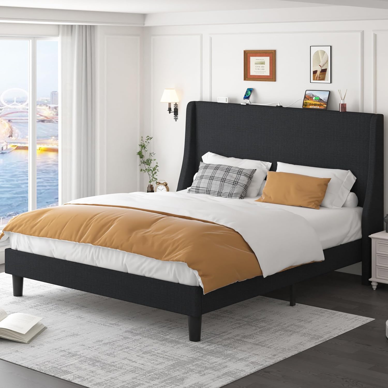 VECELO Bed Frame with Upholstered Wingback Headboard - VECELO