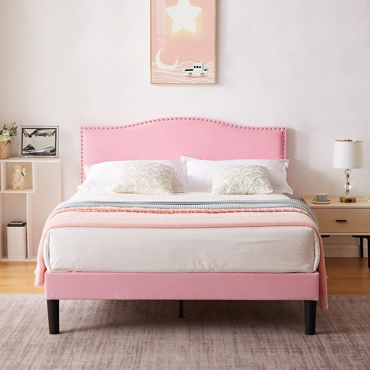 VECELO Bed Frame Platform with Upholstered Headboard & Wooden Slats Support - VECELO