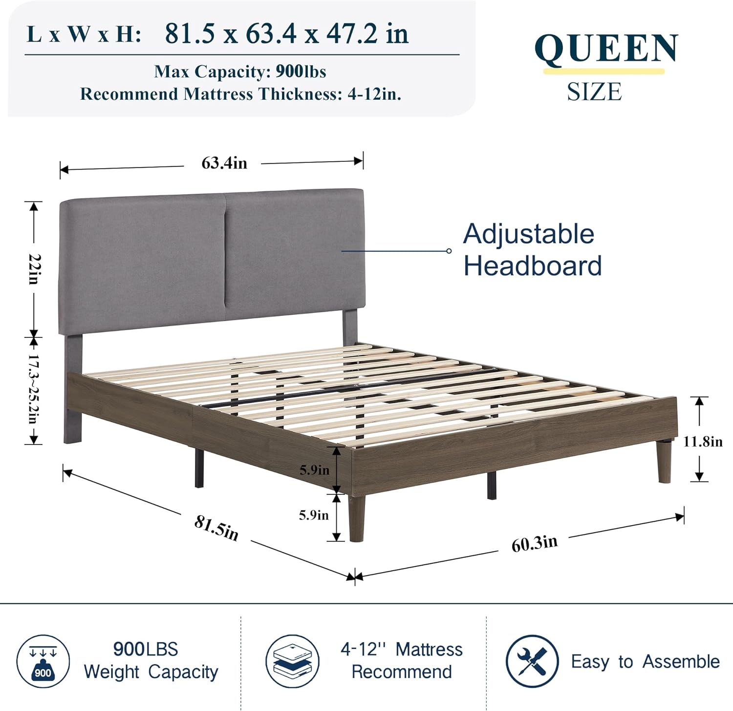VECELO Upholstered Platform Bed Frame with Height-Adjustable Cotton and Linen Headboard - VECELO