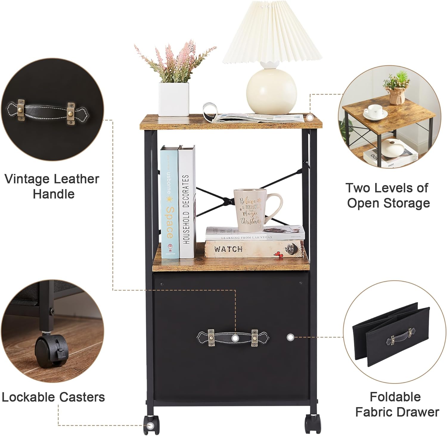 VECELO File Cabinet with Open Storage Shelf, Rolling Printer Stand with Large Fabric Drawer - VECELO