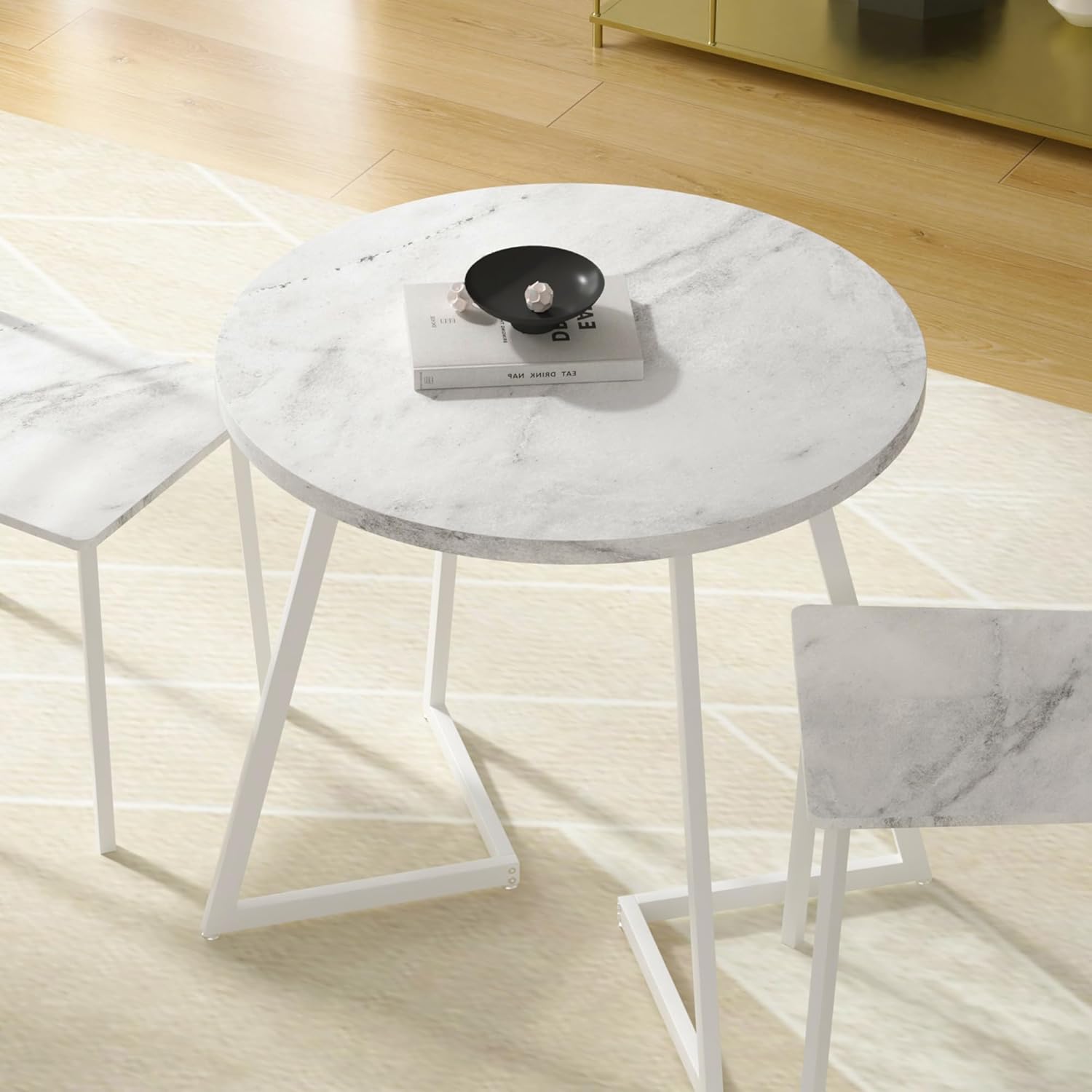 VECELO Round Dining Room Table with Wood Grain Tabletop and Steel Frame - VECELO