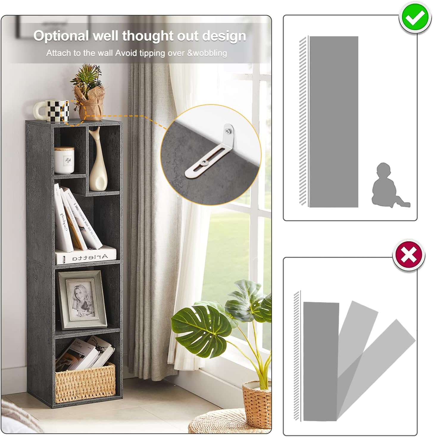 VECELO Modern 3-Tier Small Bookcase, 4 Cube/5 Cube Bookshelf/Storage Organizer - VECELO