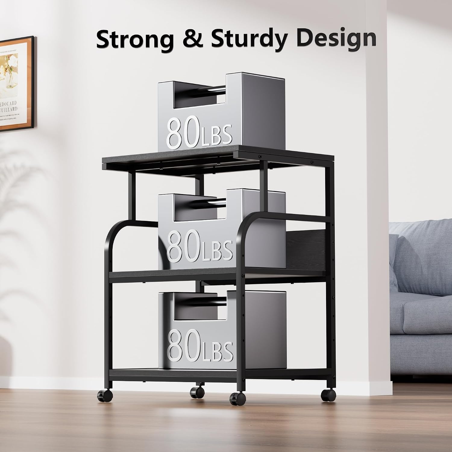 VECELO Adjustable Large Printer Stand with Power Outlet, 3-Tier Heavy Duty Cart on Lockable Wheels