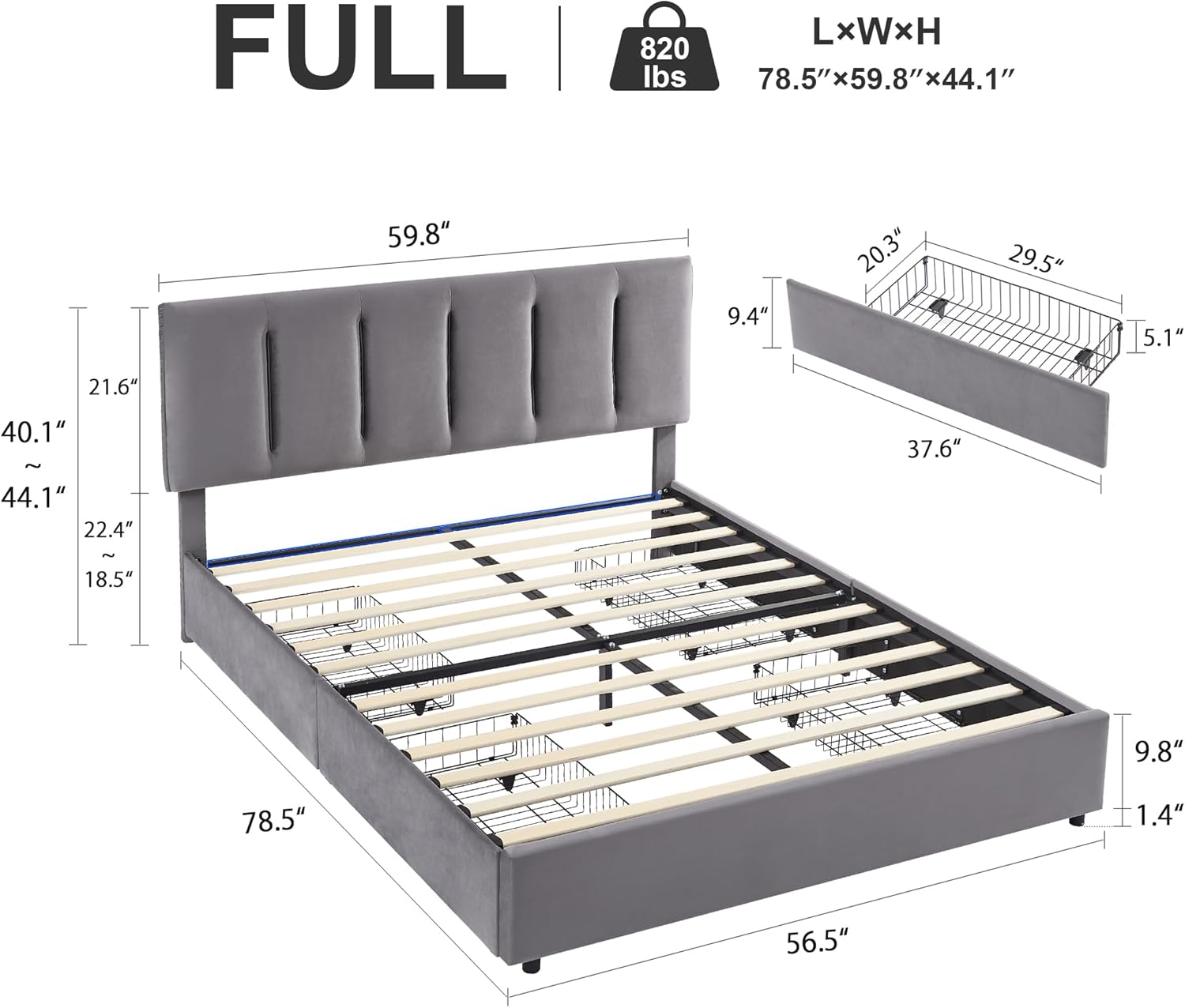 VECELO Upholstered Bed Frame with 4 Storage Drawers and Adjustable Velvet Headboard - VECELO