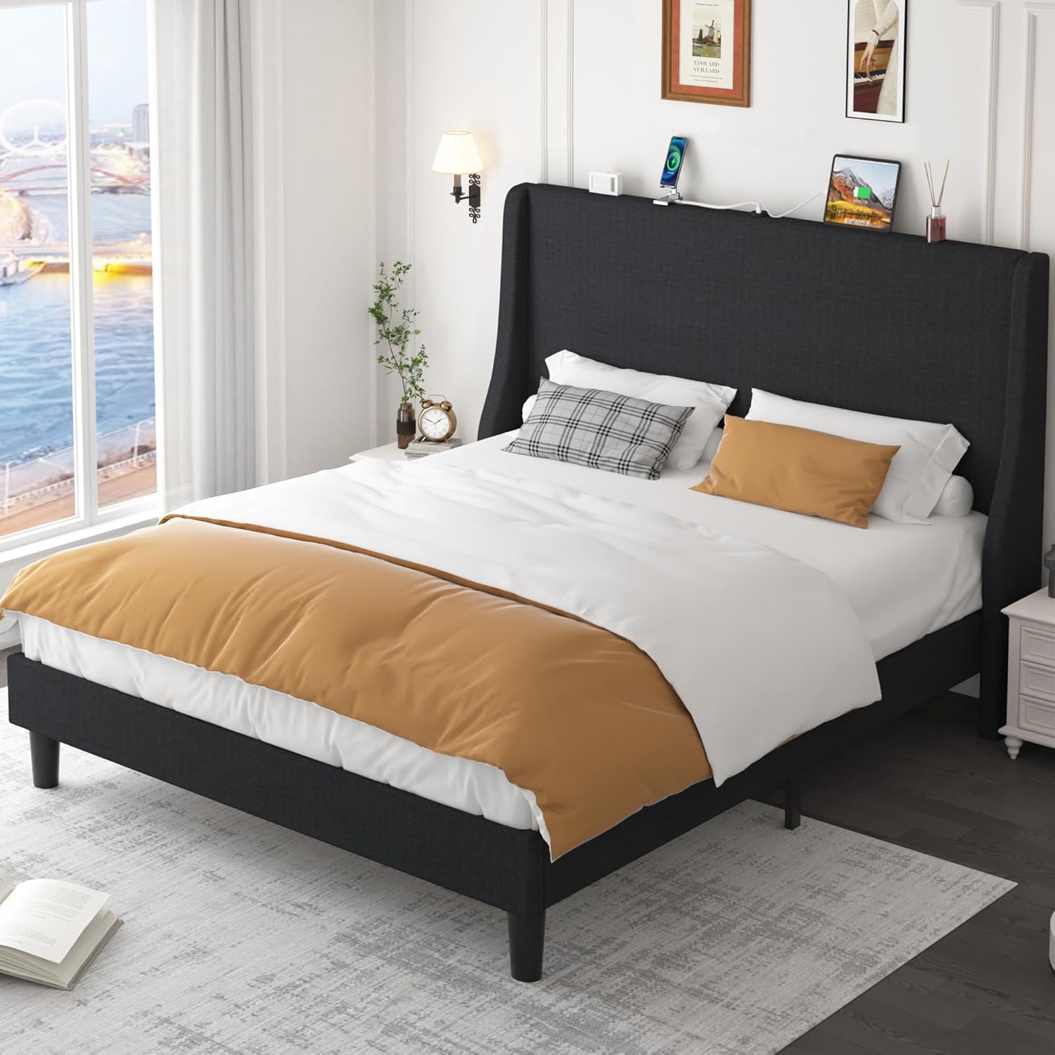 VECELO Bed Frame with Upholstered Wingback Headboard - VECELO