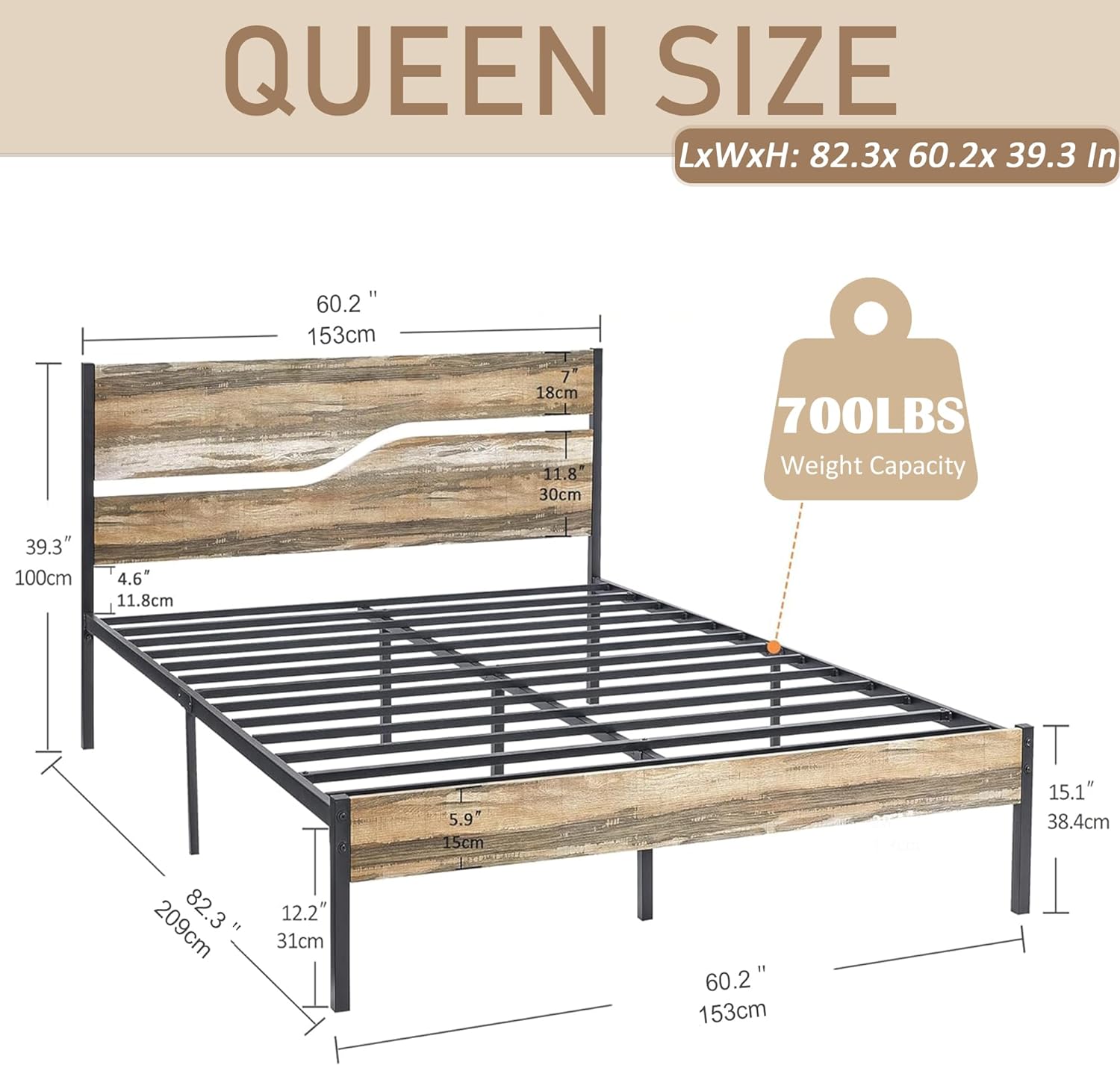 VECELO Platform Bed Frame/Mattress Foundation with Rustic Vintage Wood Headboard - VECELO