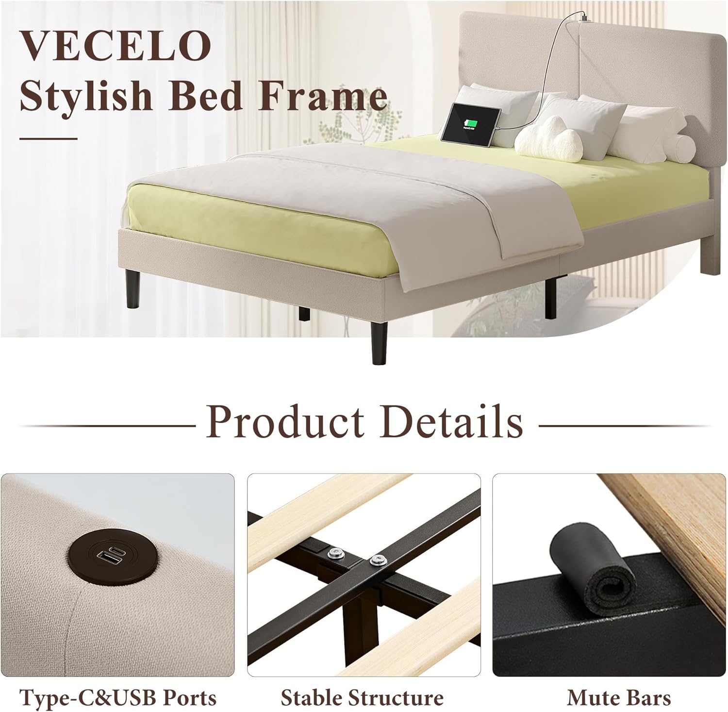 VECELO Twin/Full/Queen Bed Frame Upholstered Platform with Type-C & USB Ports Height-Adjustable Cotton and Linen Headboard - VECELO