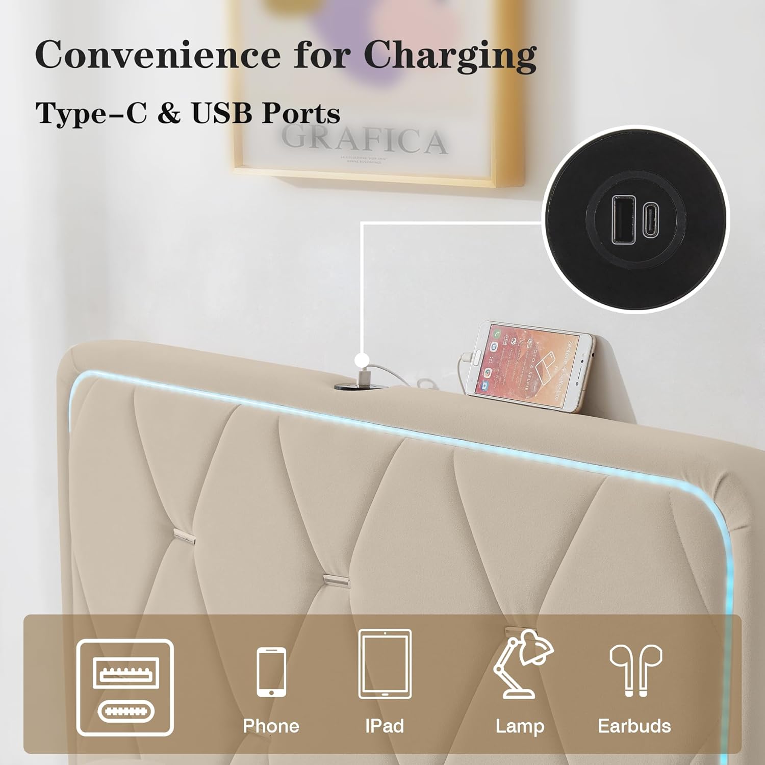 VECELO Upholstered Bed Frame with LED Lights, Charging Station, Velvet Platform Bed - VECELO