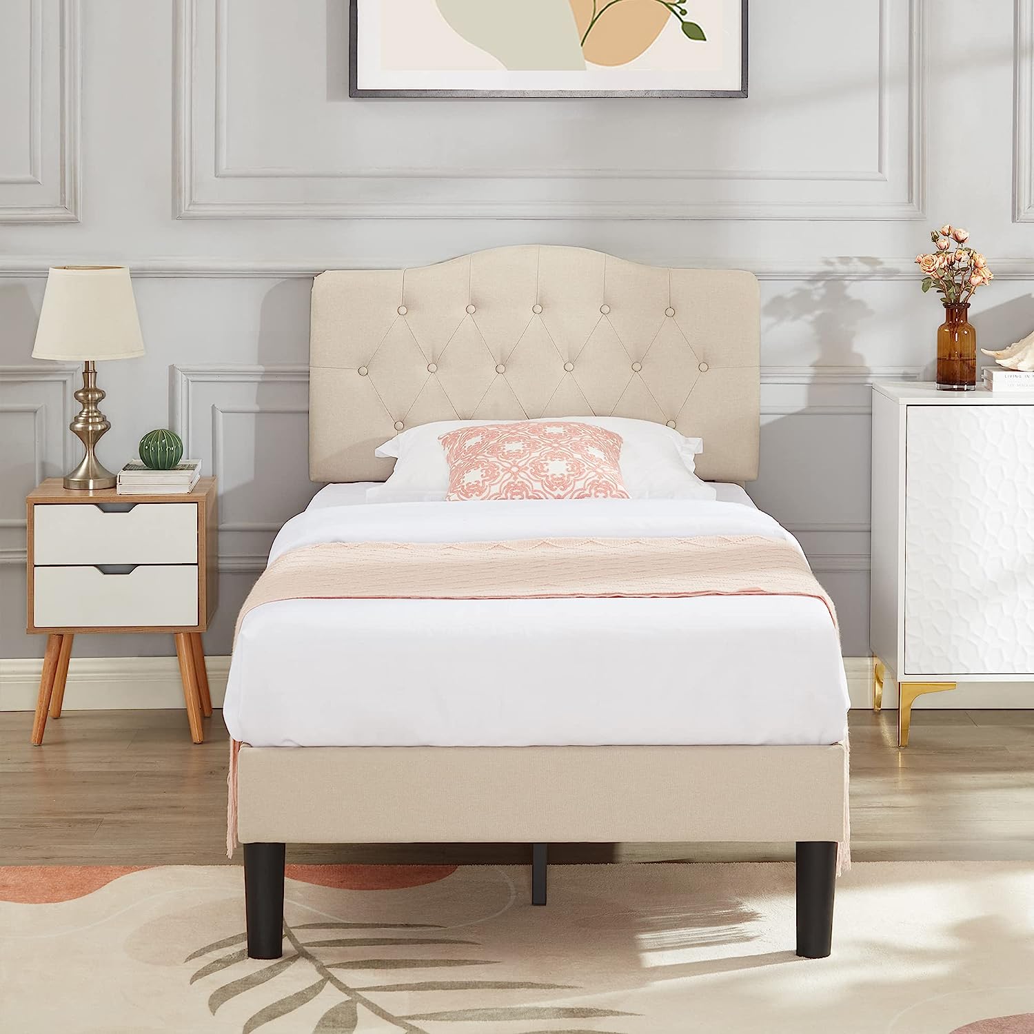 VECELO Classic Upholstered Platform Bed Frame with Diamond Stitched Cloth - VECELO