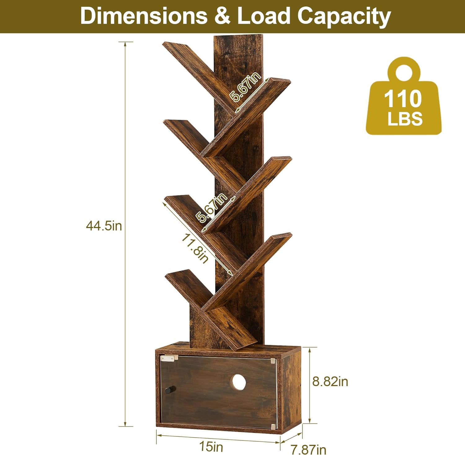 VECELO Tree Bookshelf, 7-Tier Tree Bookcase Wood Shelves Display with Storage Cabinet - VECELO