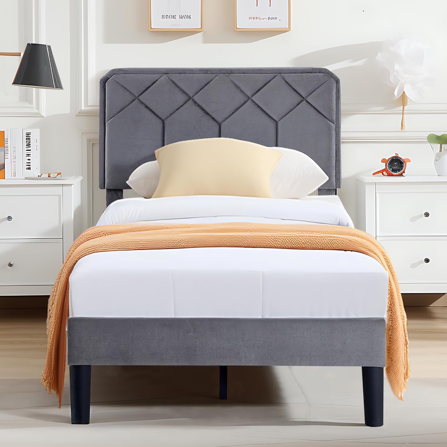 VECELO Premium Leather Upholstered Platform Bed Frame - VECELO