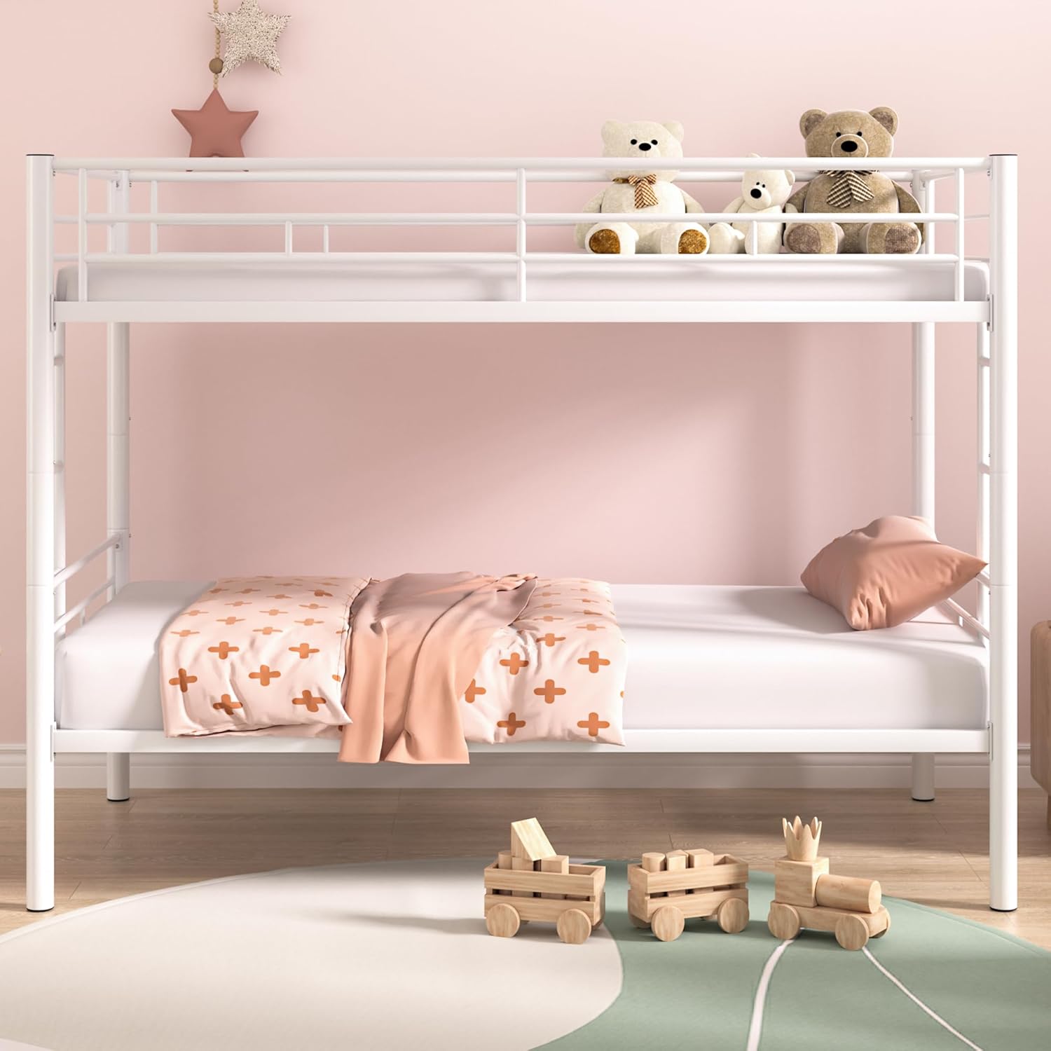 VECELO Metal Bunk Bed Twin Over Twin, Industrial Bunkbeds with Ladder and Full-Length Guardrail - VECELO