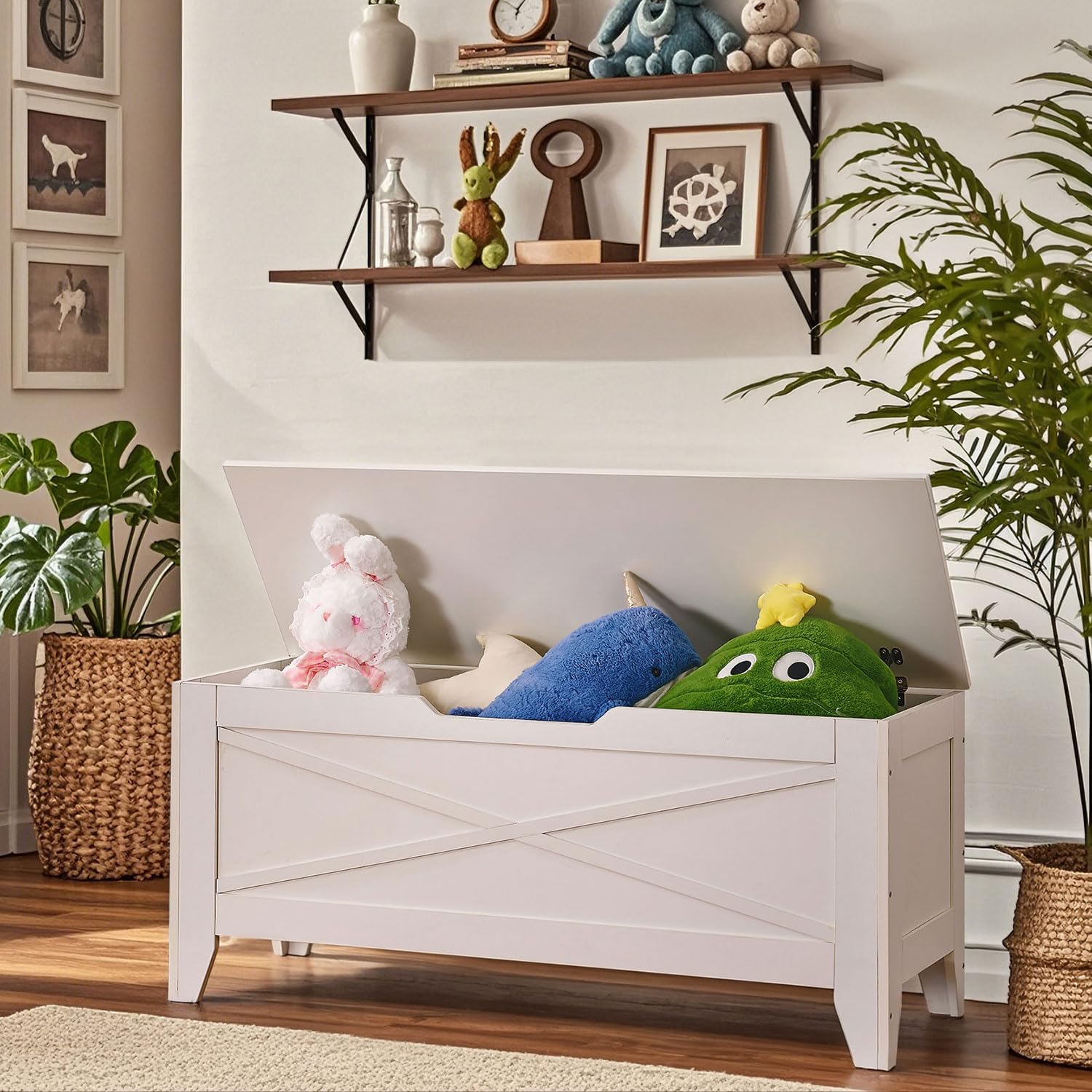 VECELO Storage Bench,43.3in Wooden Chest for Storage with Safety Hinges Wicker-Kont Mats - VECELO