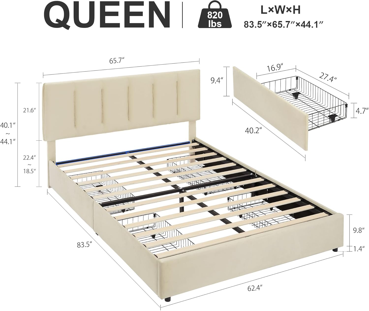 VECELO Upholstered Bed Frame with 4 Storage Drawers and Adjustable Velvet Headboard - VECELO