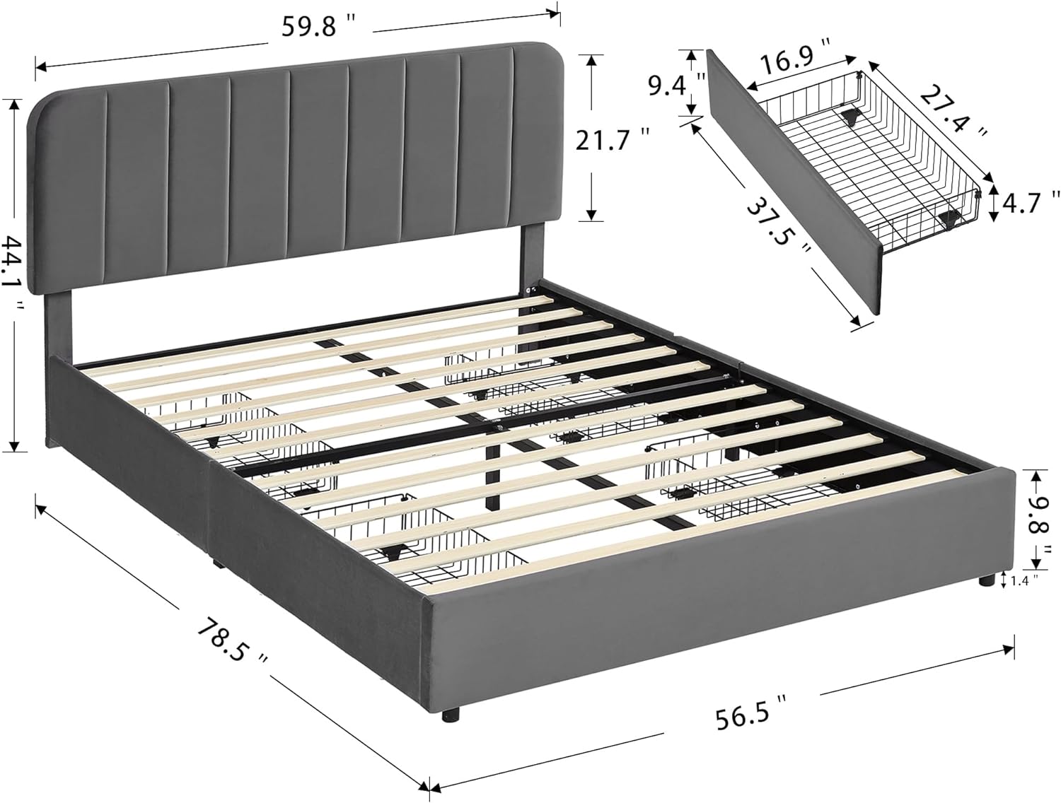 VECELO Upholstered Bed Frame with 4 Drawers and Adjustable Headboard - VECELO