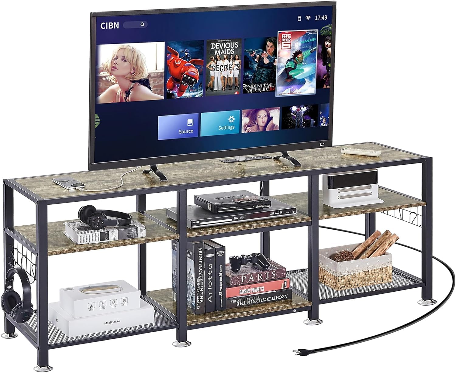 VECELO 63" TV Stand with Power Outlets for 55/60/65/70 Inch Television