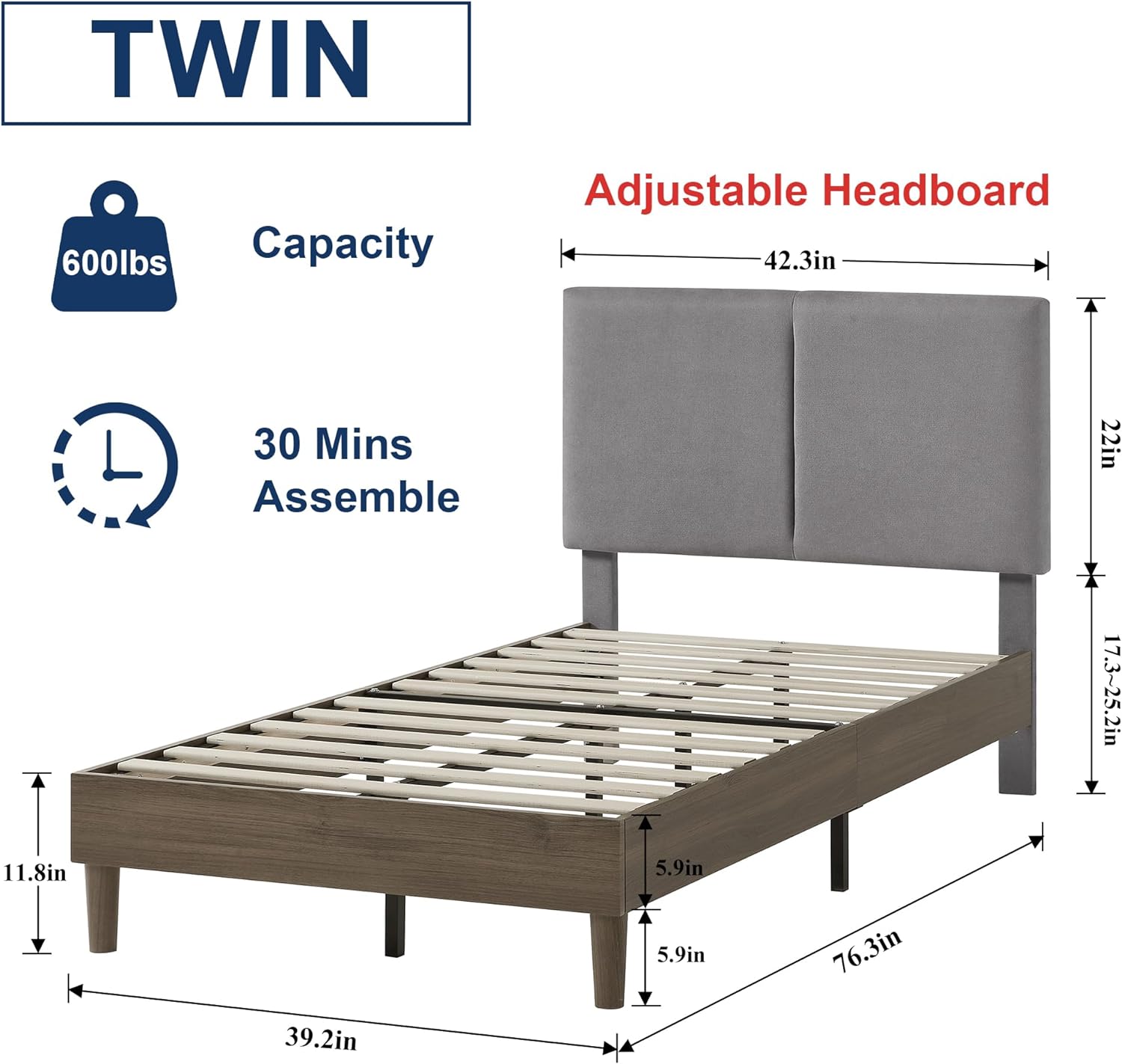 VECELO Upholstered Platform Bed Frame with Height-Adjustable Cotton and Linen Headboard - VECELO