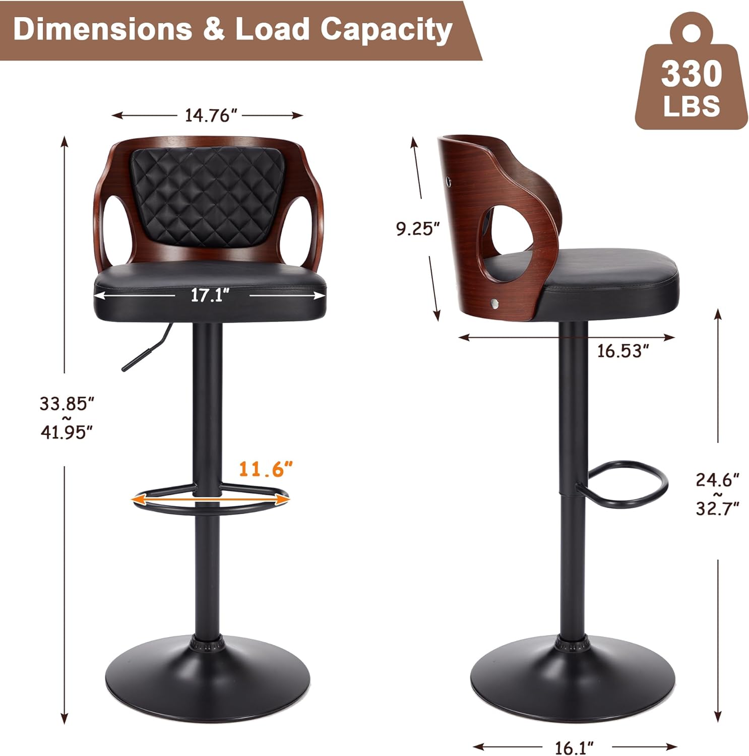 VECELO Bar Stool Set of 2, Counter Height Stools with Bentwood Back - VECELO