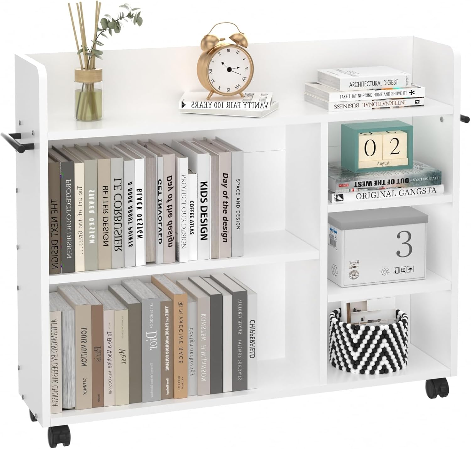 VECELO Book Cart, Library Wood Rolling Book Truck with Lockable Wheels, for Home Office, White - VECELO