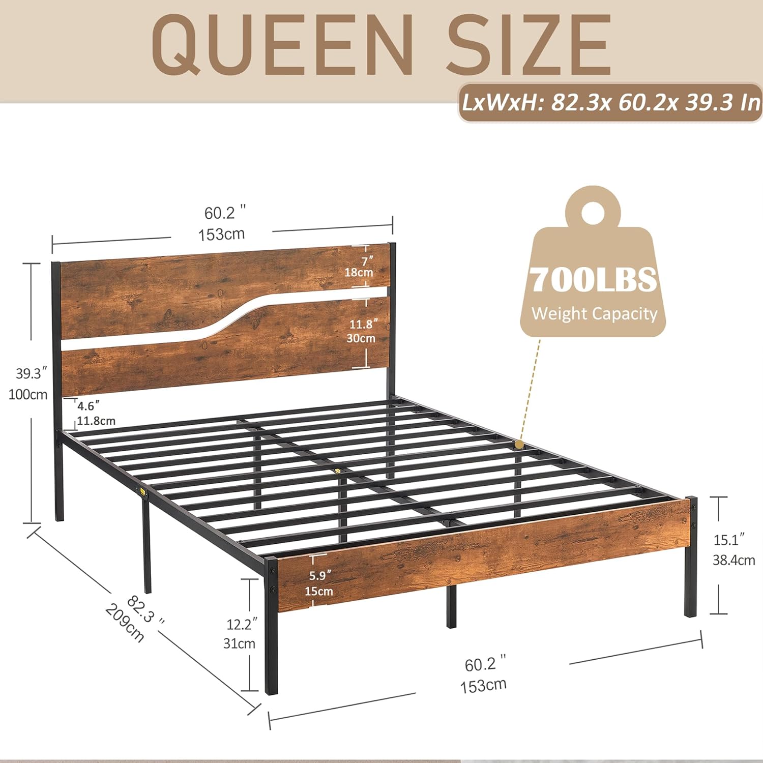 VECELO Platform Bed Frame/Mattress Foundation with Rustic Vintage Wood Headboard - VECELO