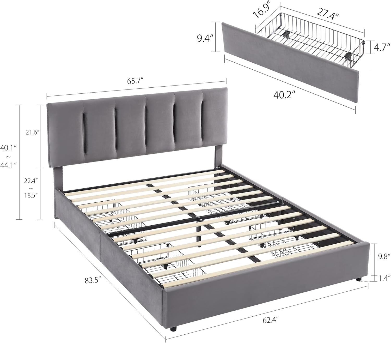 VECELO Upholstered Bed Frame with 4 Storage Drawers and Adjustable Velvet Headboard - VECELO