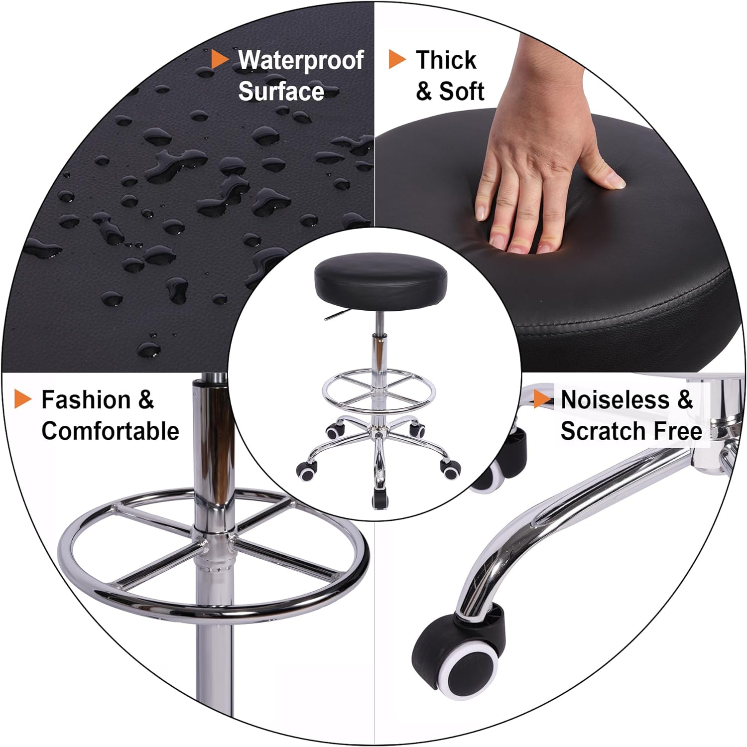 VECELO Round Rolling Stool with Footrest and Wheels - VECELO