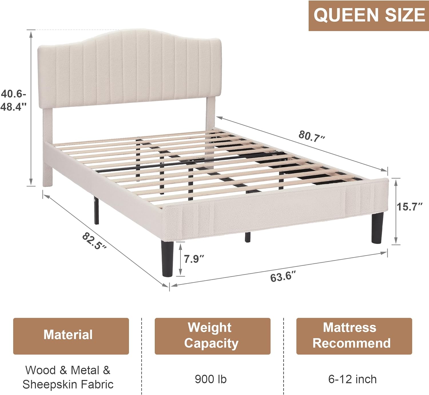 VECELO Upholstered Platform Bed Frame with Sheepskin Fabric Adjustable Headboard/Strong Wood Slats Supports - VECELO
