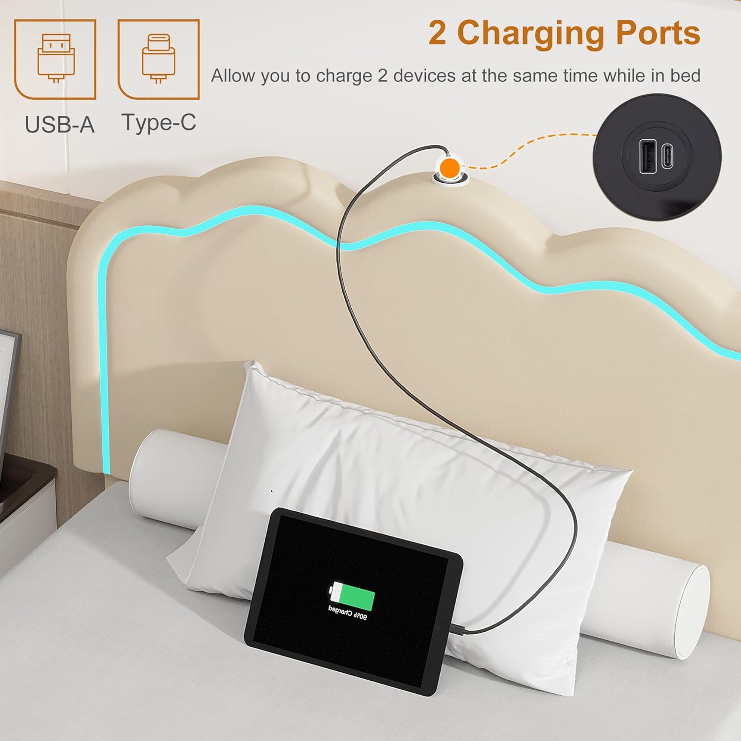 VECELO Upholstered Velvet Platform Bed Frame with Headboard Adjustable, LED Lights, USB-A & Type-C - VECELO