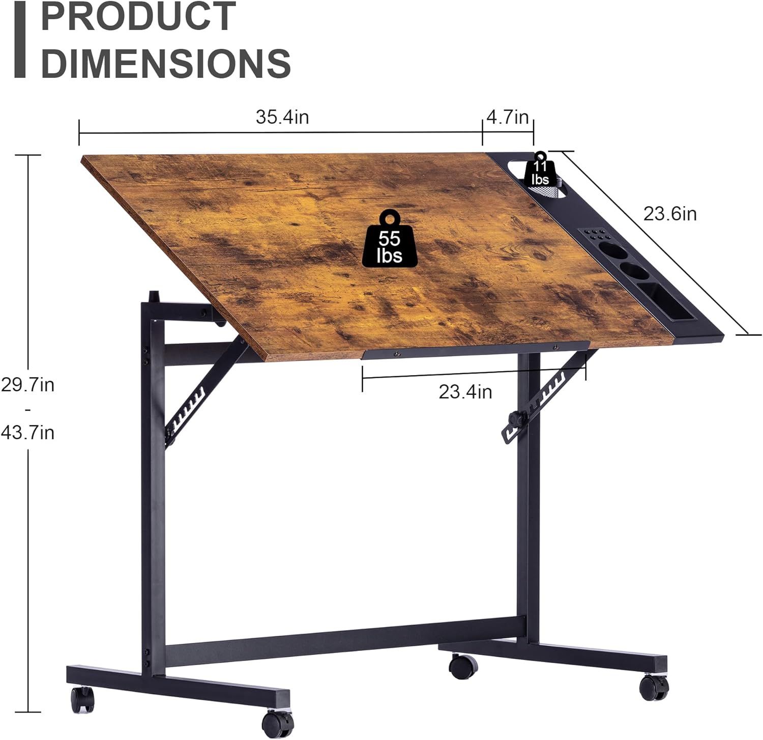 VECELO Vintage Drawing Drafting Table, Adjustable Tilting Top Art Desk Craft Work Station - VECELO