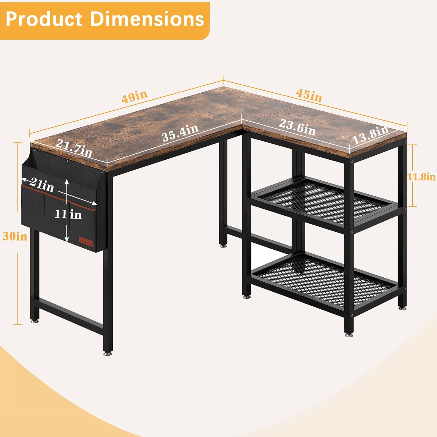 VECELO L Shaped Computer Desk with Storage Shelves & Bag - VECELO
