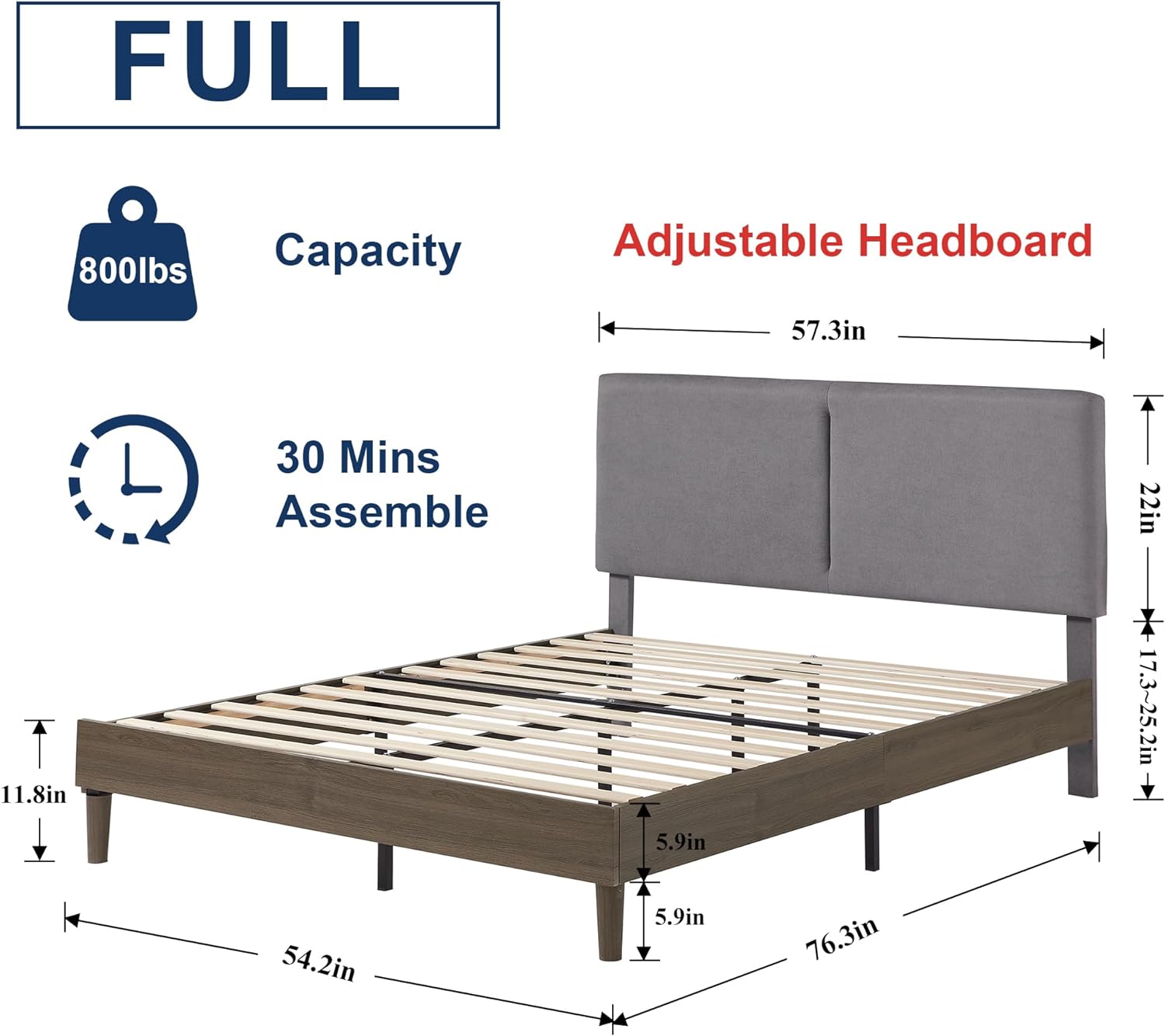 VECELO Upholstered Platform Bed Frame with Height-Adjustable Cotton and Linen Headboard - VECELO