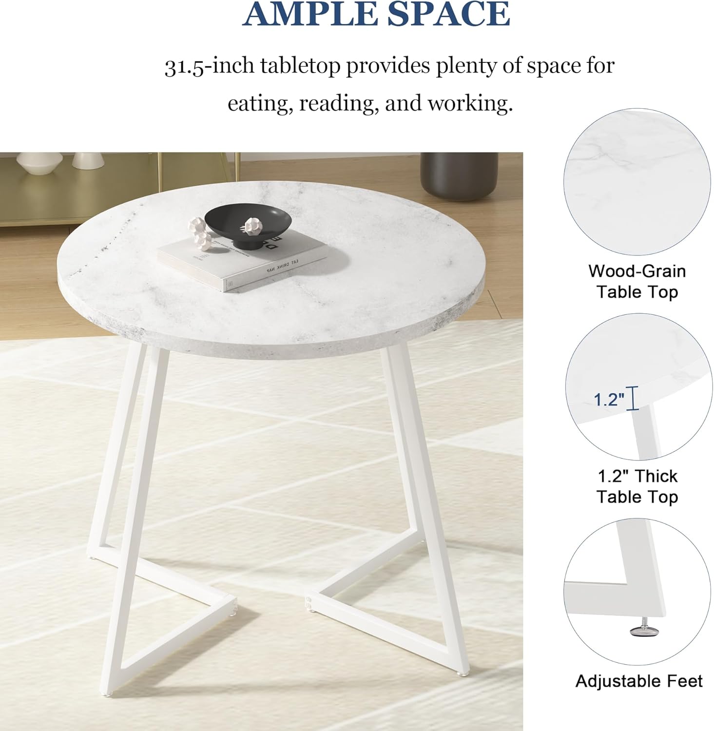 VECELO Round Dining Room Table with Wood Grain Tabletop and Steel Frame - VECELO