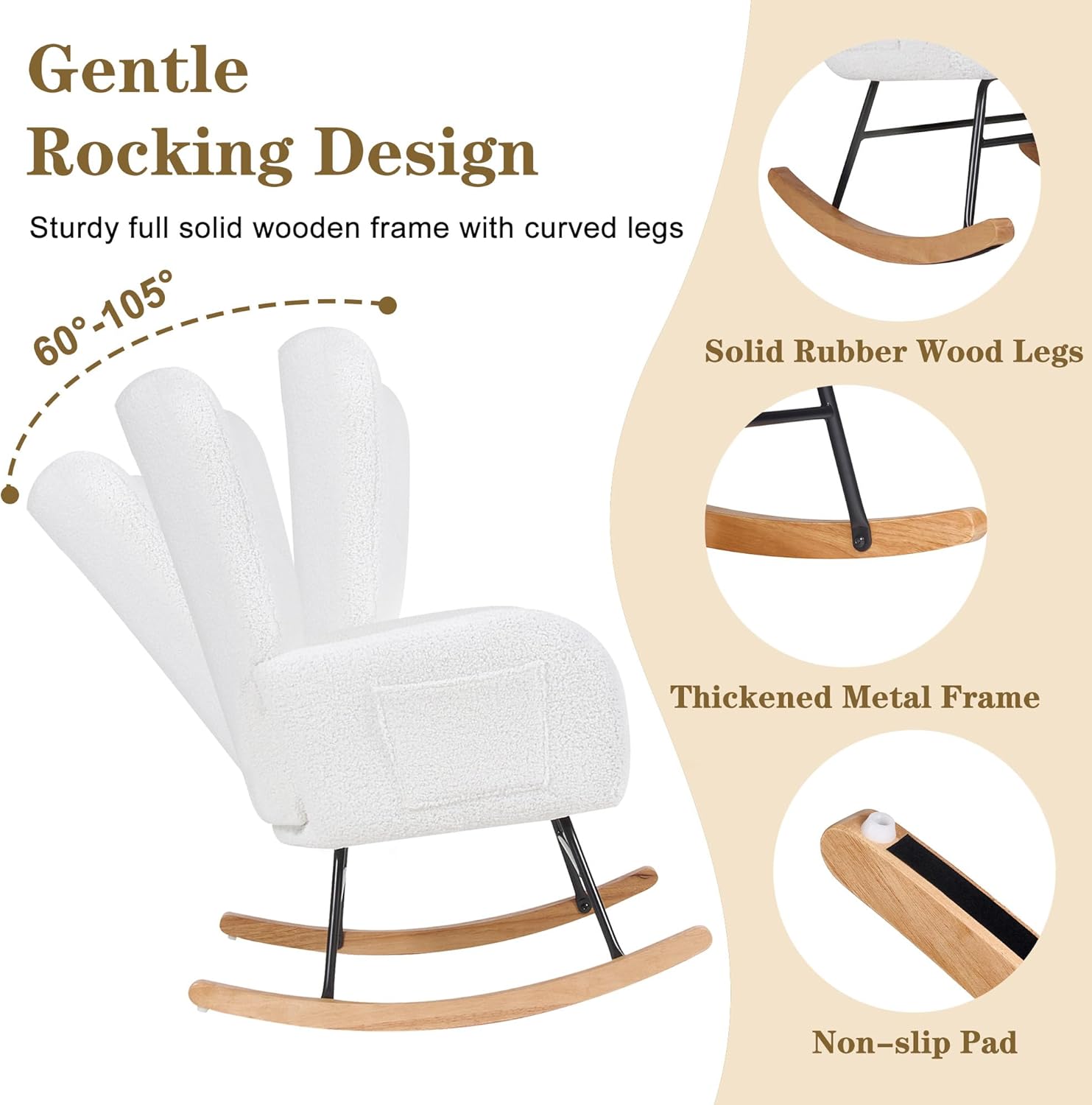 VECELO Rocking Chair Nursery with Thick Headrest, Modern Teddy Upholstered Reading Glider Rocker Accent Armchair with High Backrest - VECELO
