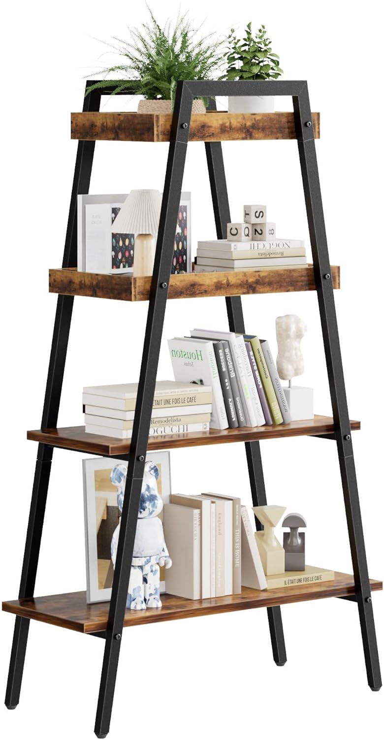 VECELO Ladder Shelf/Display Shelf 4 Tier Storage Bookcase Rack Wood & Steel - VECELO