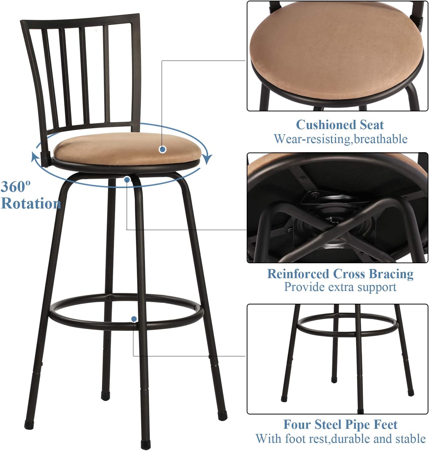 VECELO 41.5" Adjustable Bar Stools with 360 Degree Swivel Seat Top Set of 2 - VECELO