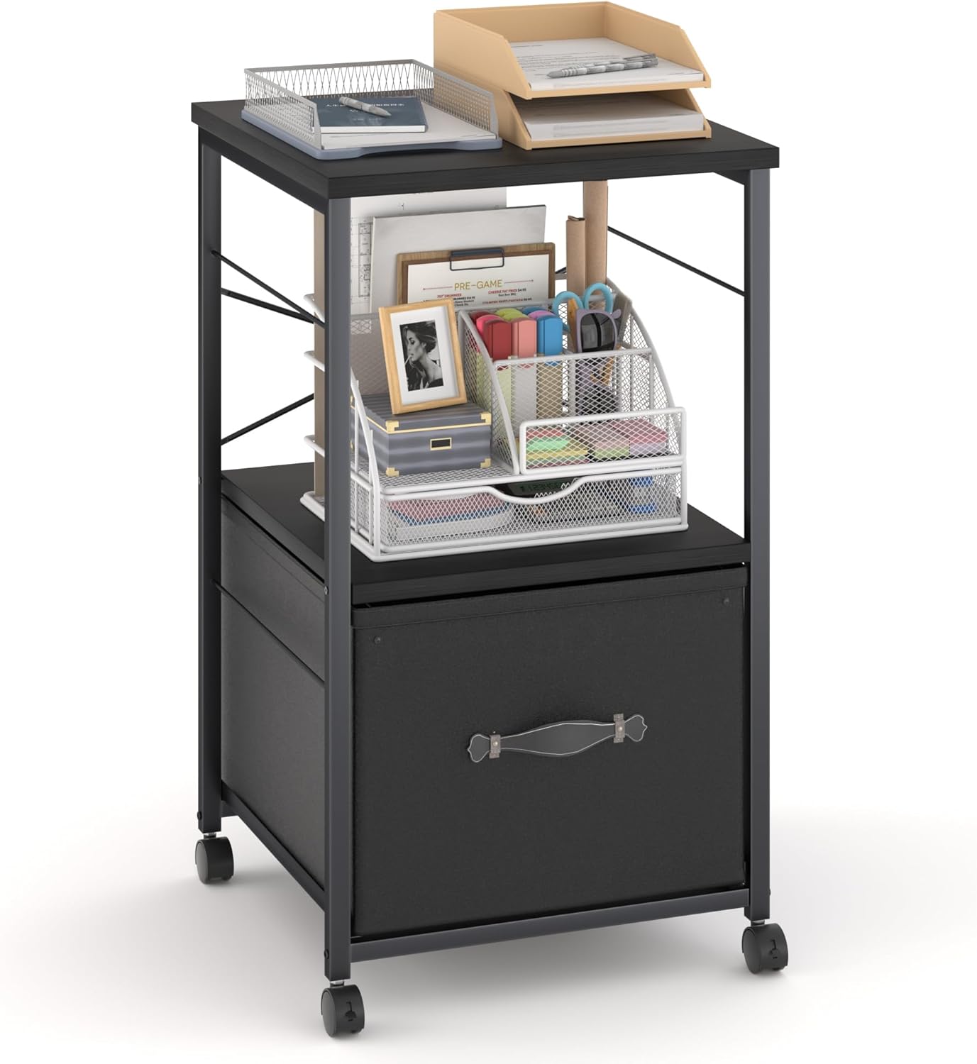 VECELO File Cabinet with Open Storage Shelf, Rolling Printer Stand with Large Fabric Drawer - VECELO