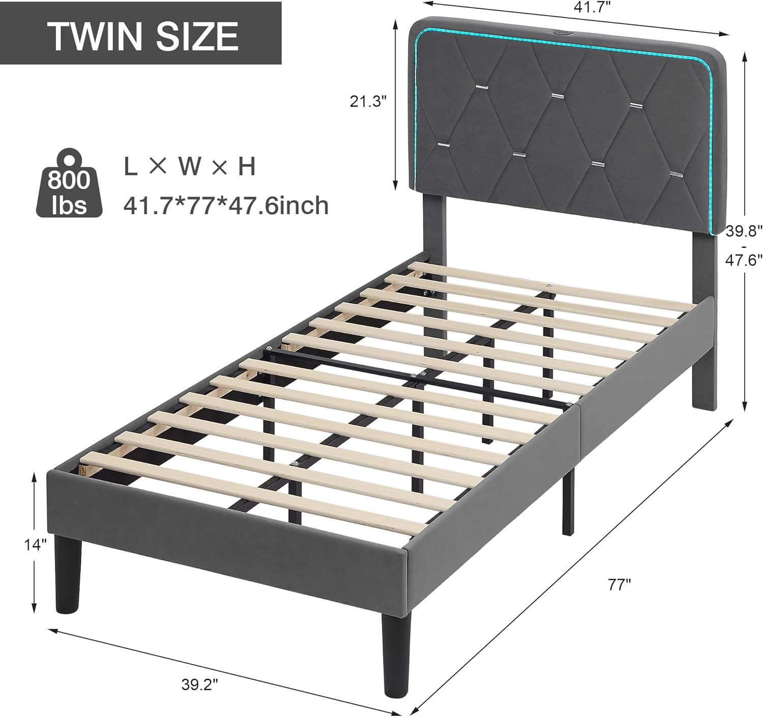 VECELO Upholstered Bed Frame with LED Lights, Charging Station, Velvet Platform Bed - VECELO