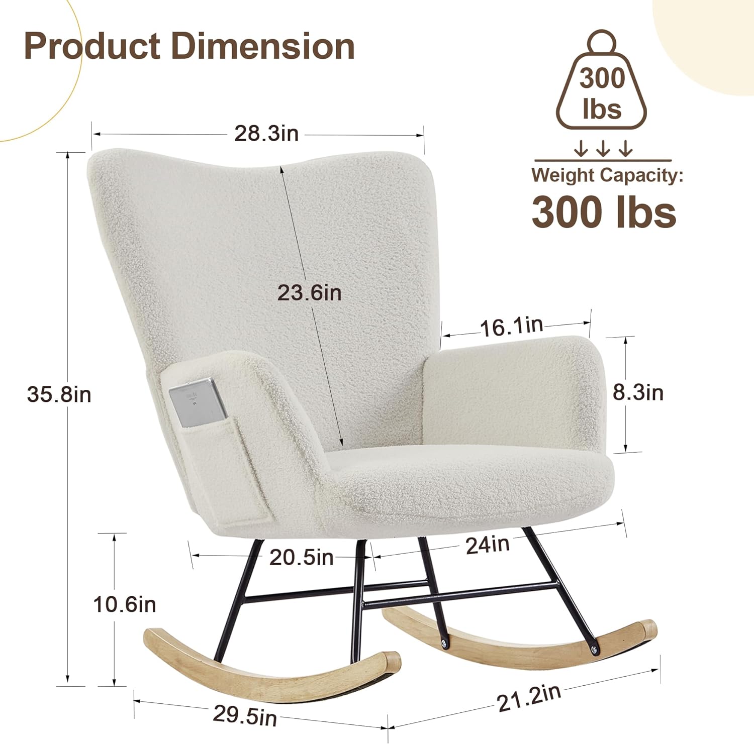 VECELO Rocking Chair, Modern Upholstered Teddy Fabric Nursery Glider - VECELO
