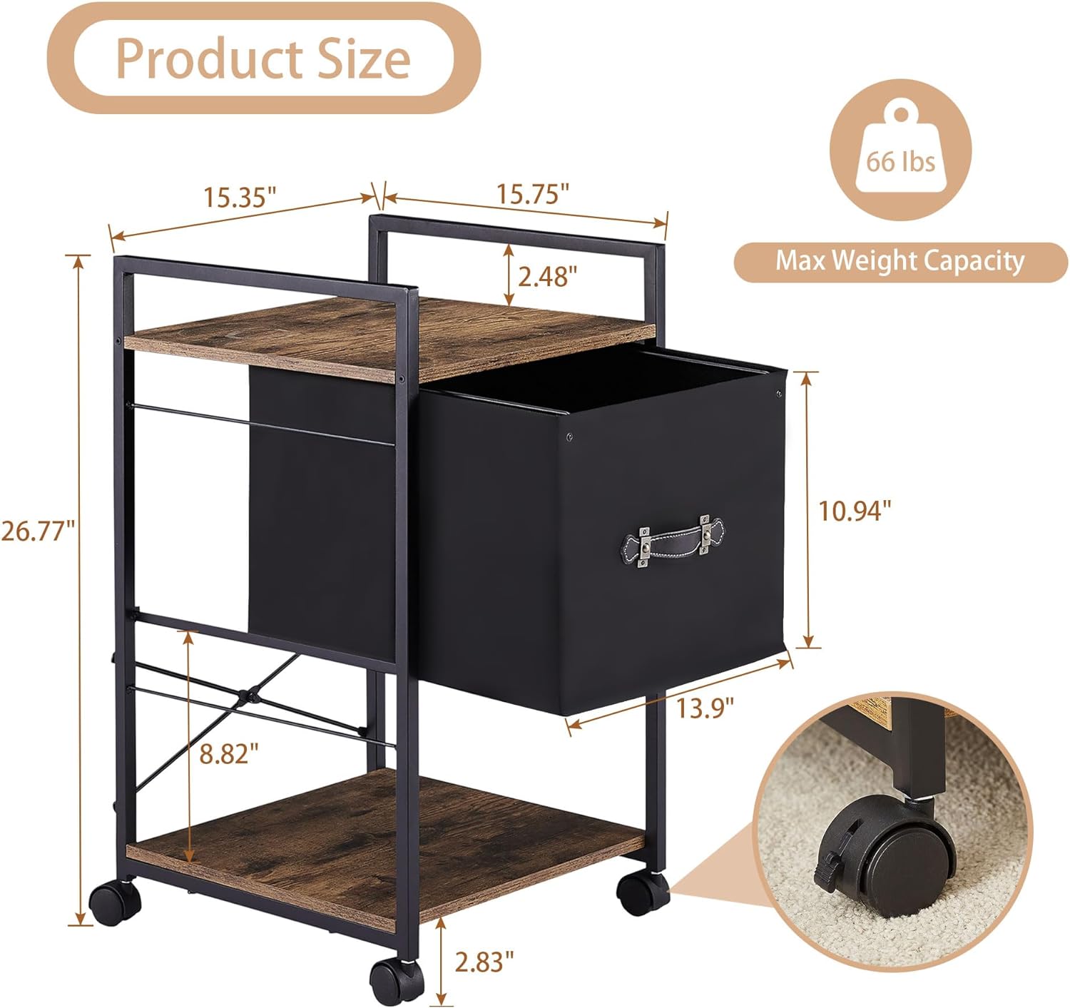 VECELO Mobile Vertical Filing Cabinet, Rolling Printer Shelf with Handle - VECELO