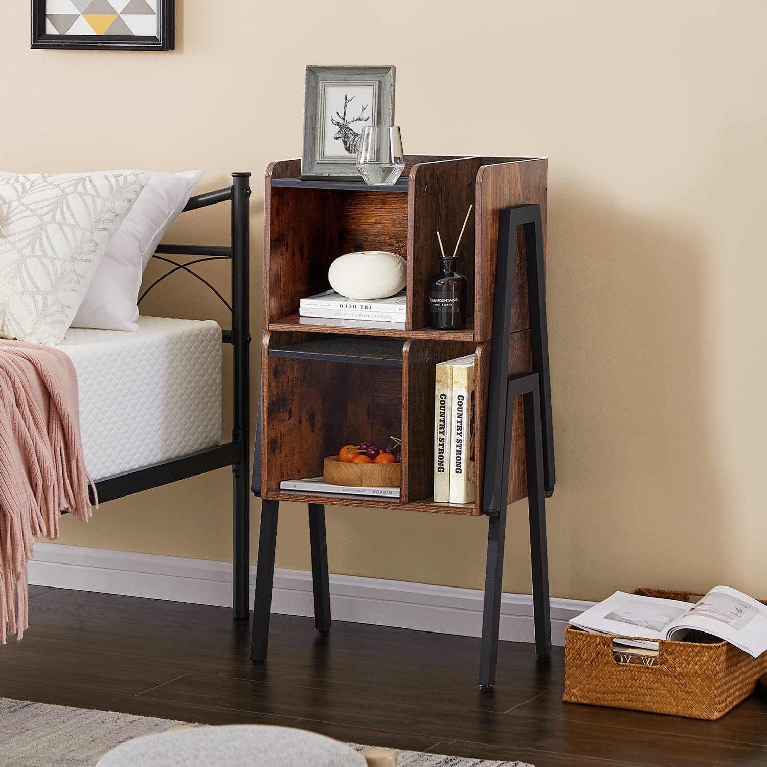 VECELO Industrial Side End Table/Nightstand Stackable Accent Furniture with 2-Tier Open Storage Compartments - VECELO