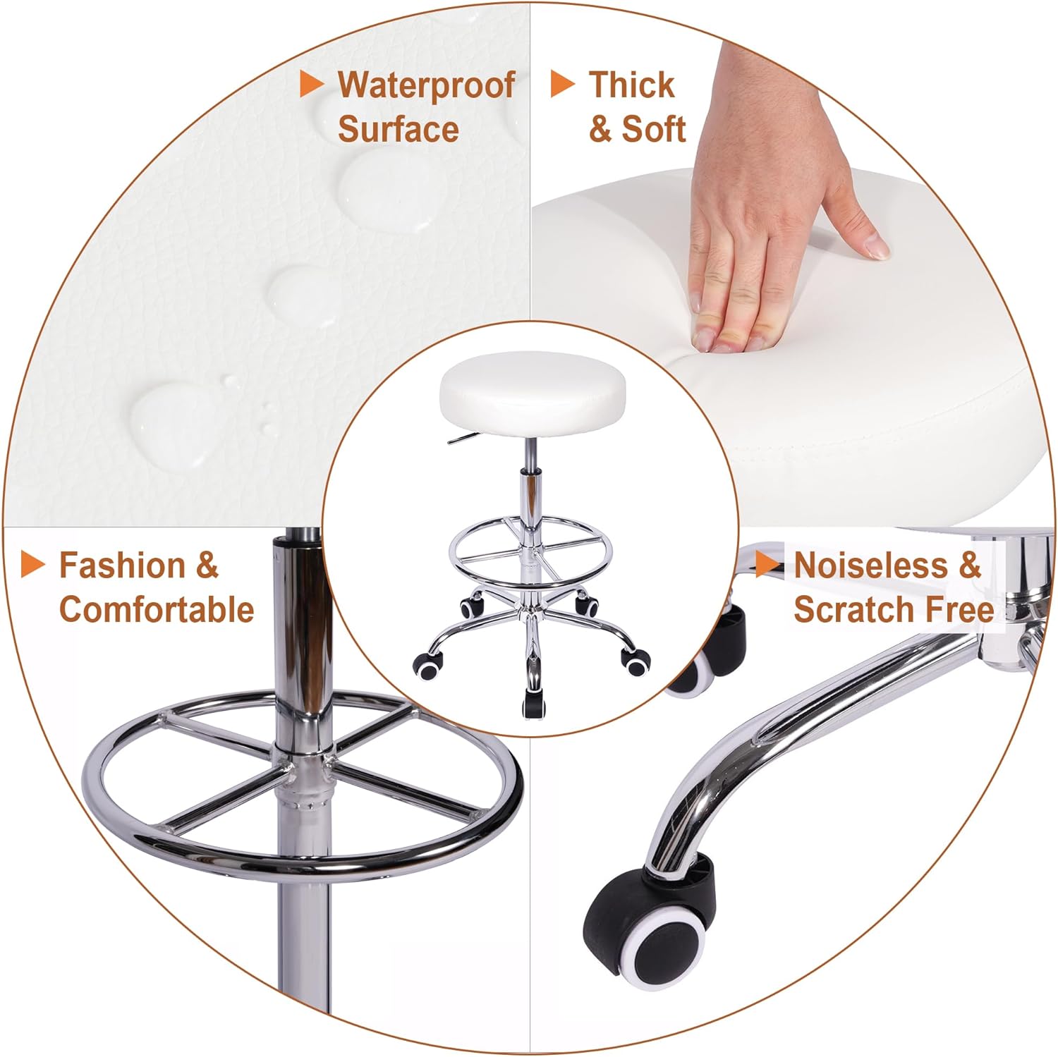 VECELO Round Rolling Stool with Footrest and Wheels - VECELO