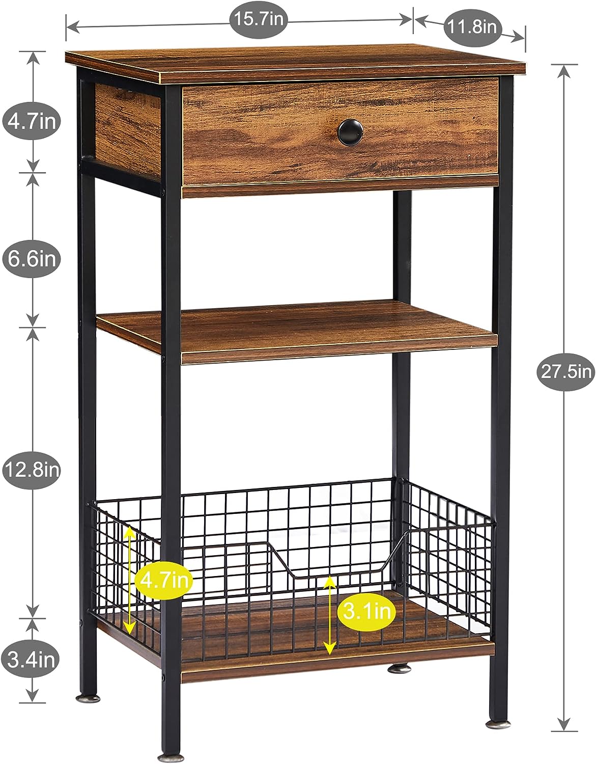 VECELO Tall Side End Tables/3-Tier Bedside Stand with Storage - VECELO