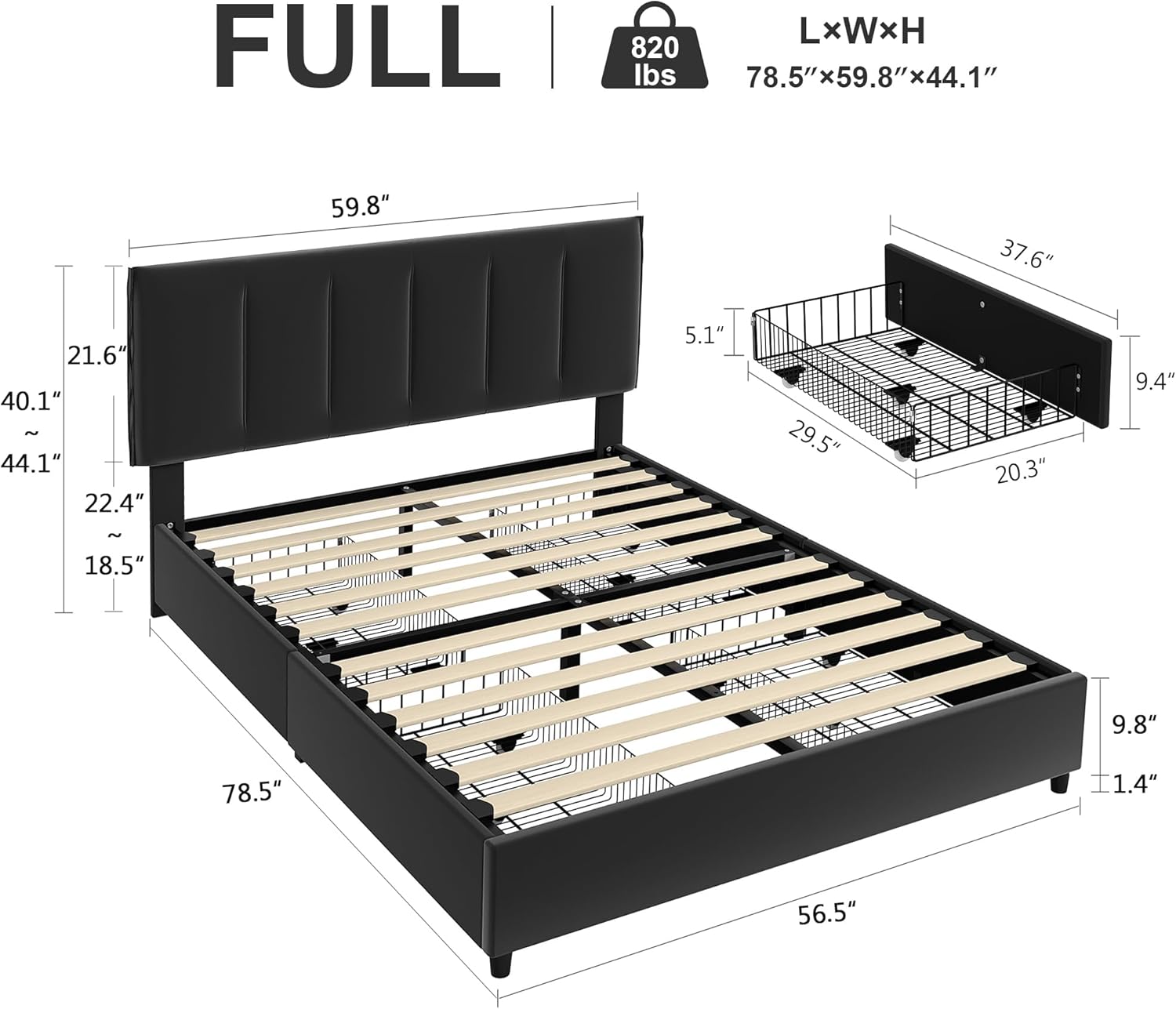 VECELO Upholstered Bed Frame with 4 Storage Drawers and Adjustable Velvet Headboard - VECELO