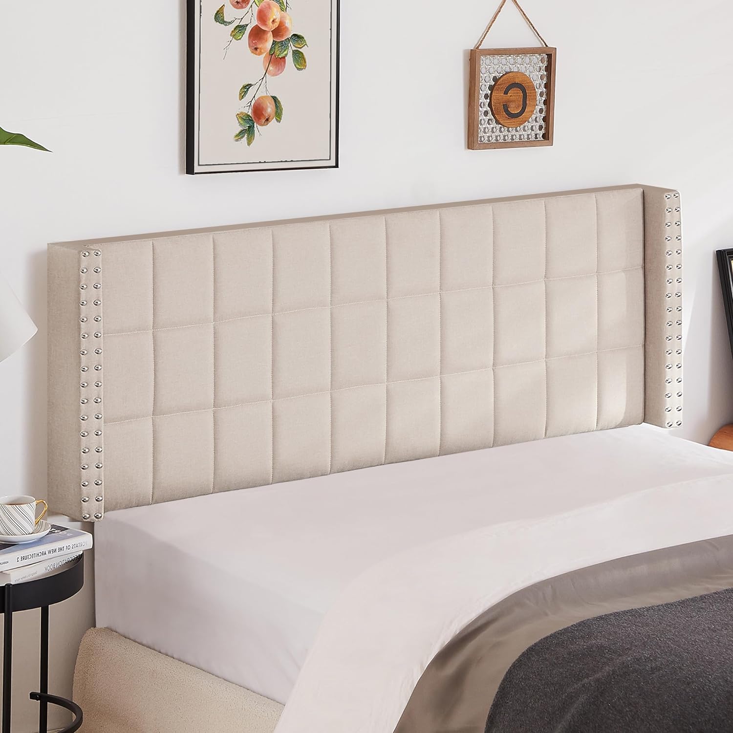 VECELO Linen Upholstered Headboard for Queen/King Size Bed, Tufted Nailhead & Double Wingback for Bedroom - VECELO