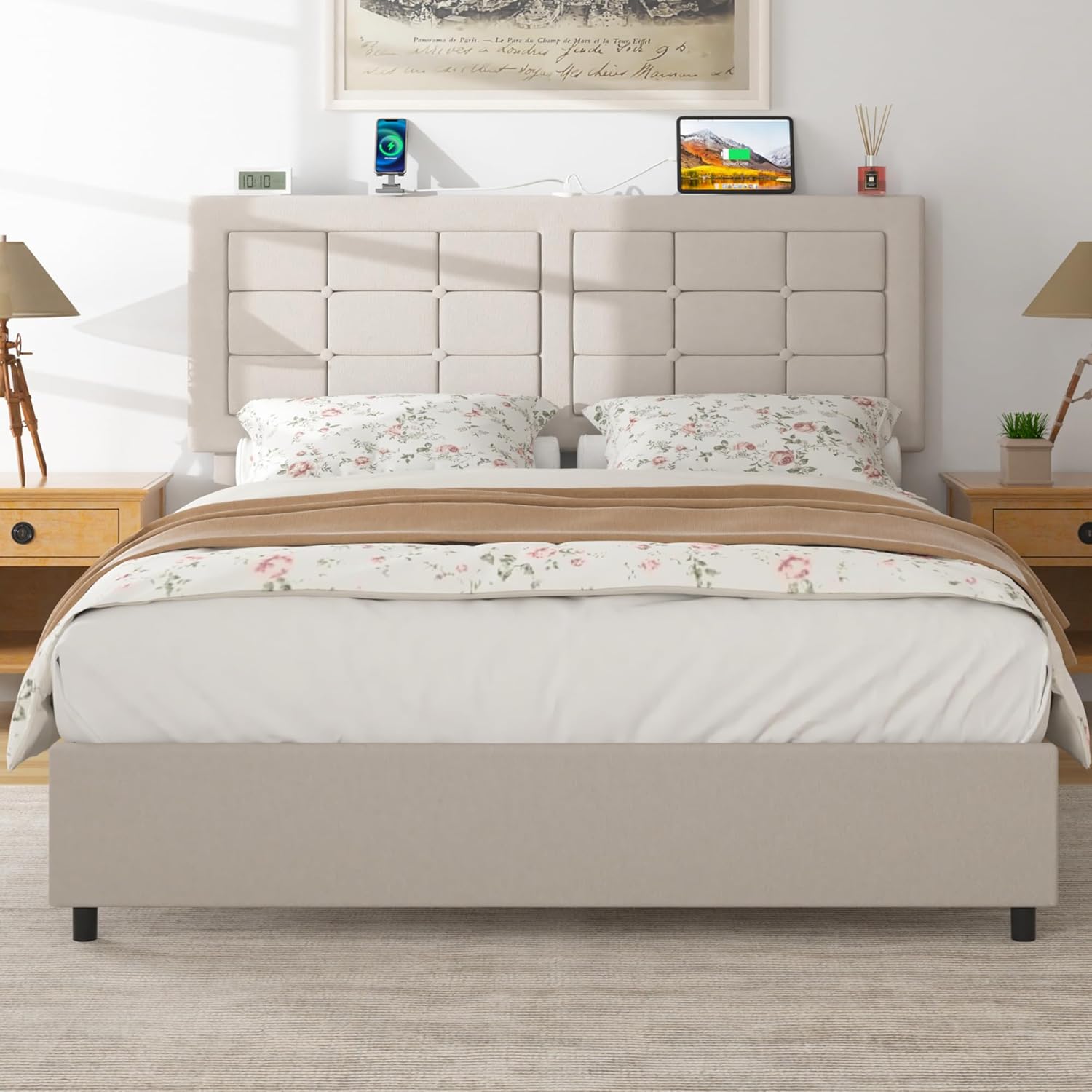 VECELO Bed Frame with 4 Drawers, Adjustable Tufted Button Headboard - VECELO