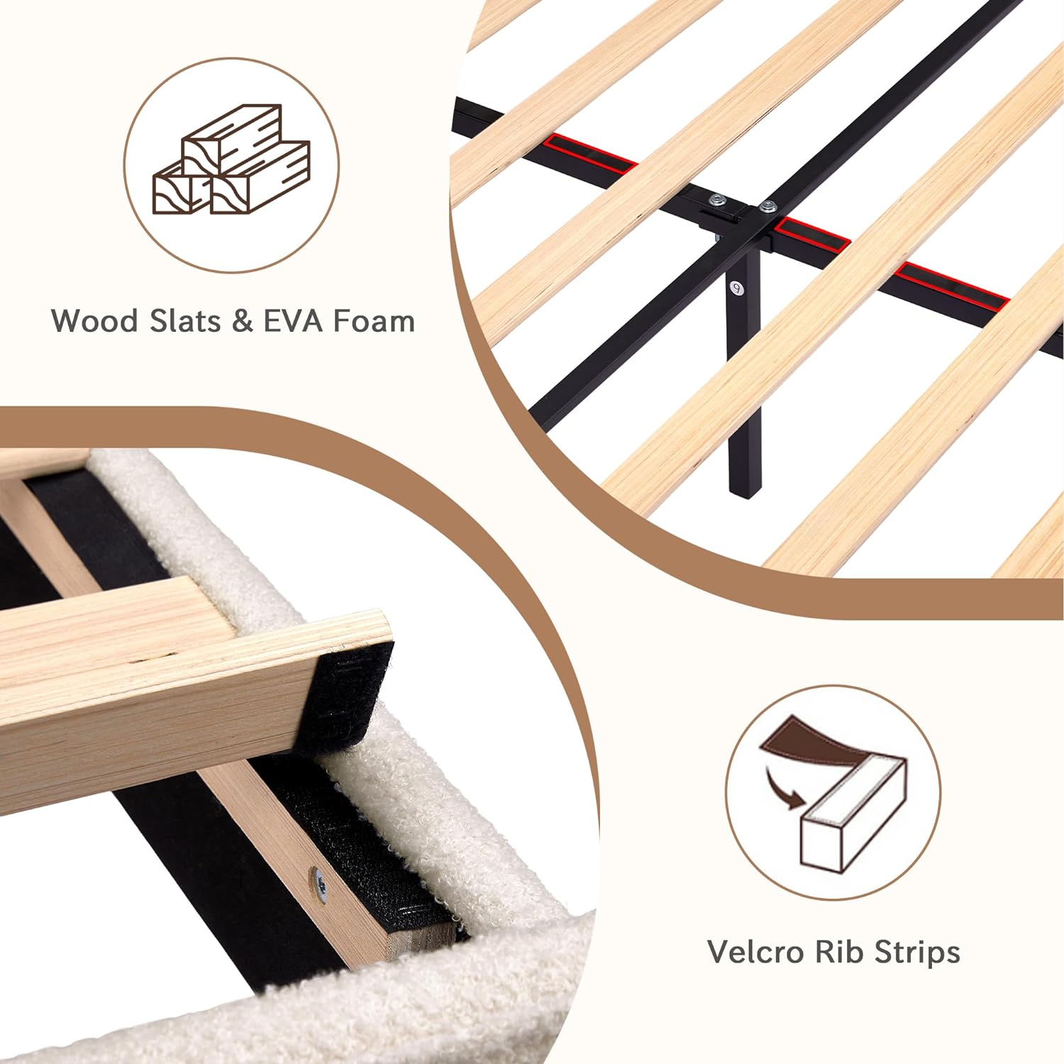 VECELO Upholstered Platform Bed Frame with Sheepskin Fabric Adjustable Headboard/Strong Wood Slats Supports - VECELO