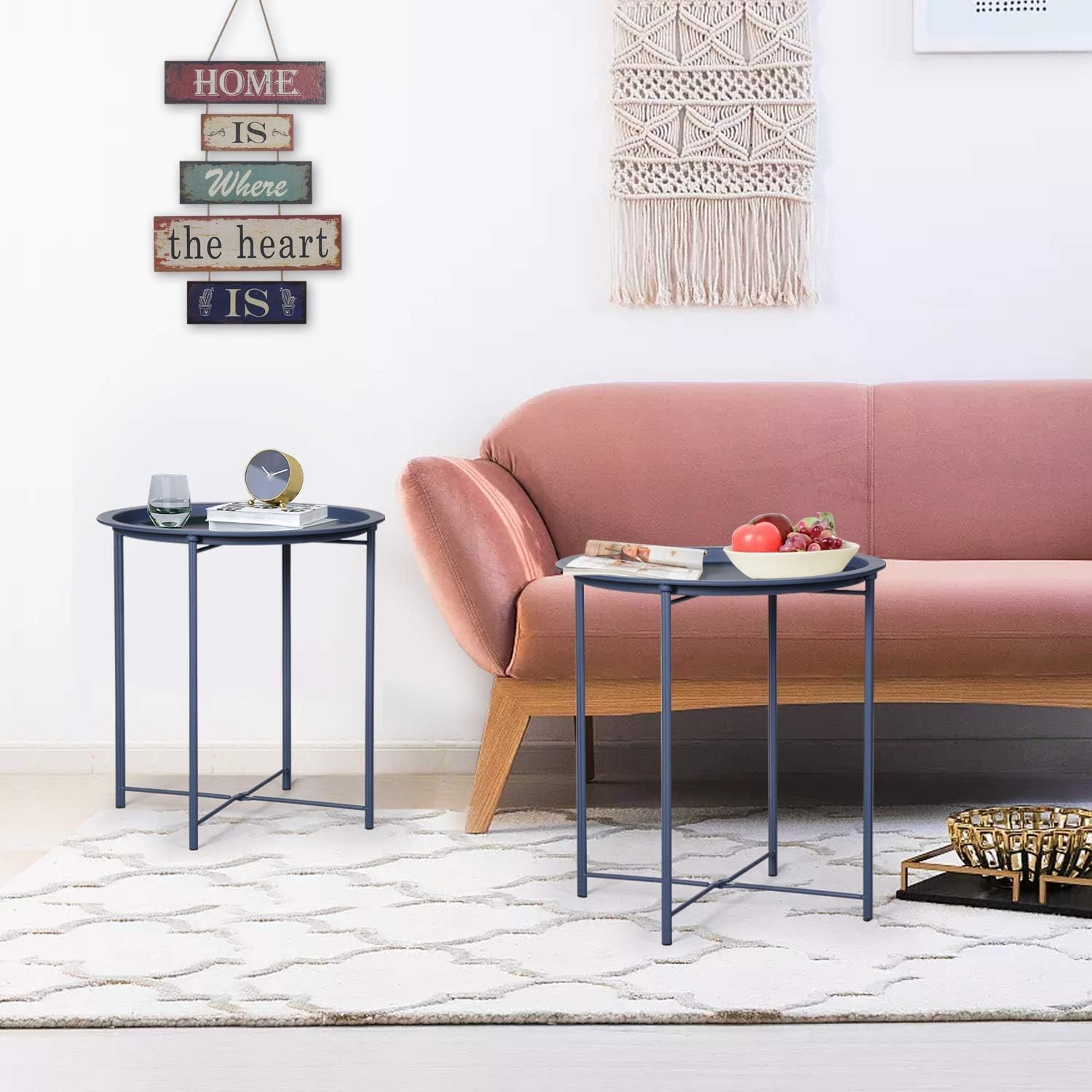 VECELO Metal Round End/Side Table with Removable Tray Small Folding Anti-Rust Nightstand - VECELO