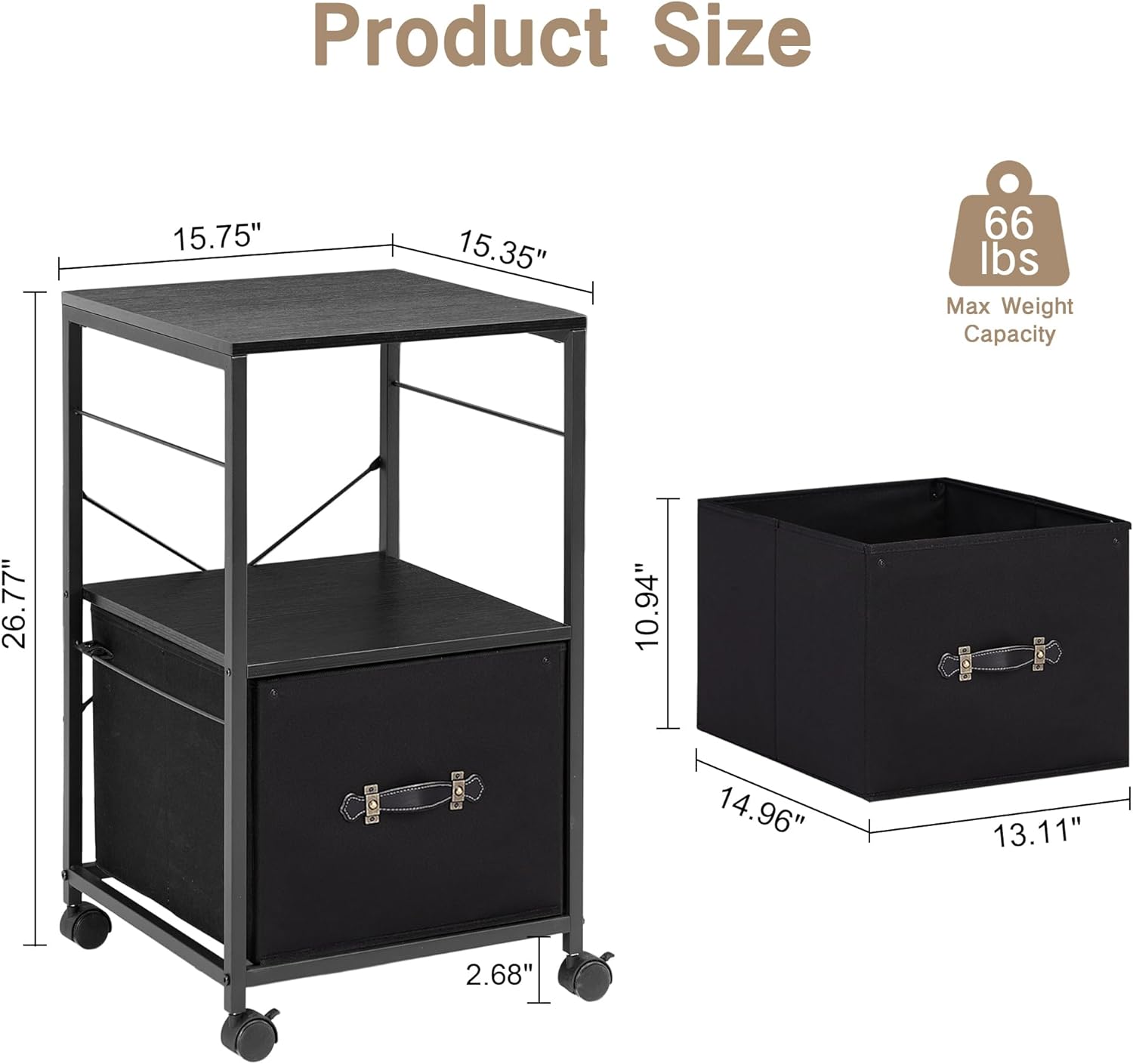 VECELO File Cabinet with Open Storage Shelf, Rolling Printer Stand with Large Fabric Drawer - VECELO