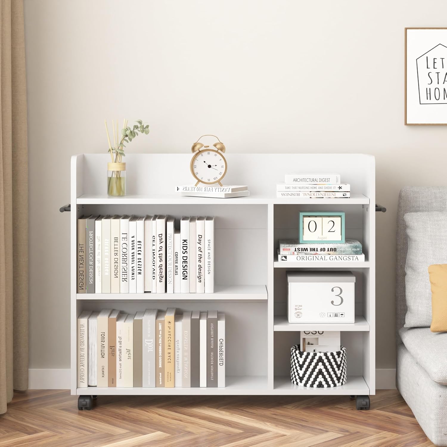 VECELO Book Cart, Library Wood Rolling Book Truck with Lockable Wheels, for Home Office, White - VECELO